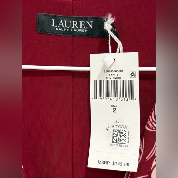 NWT Lauren Ralph Lauren Burgundy Floral Tie-Waist Midi Dress - Size 2 - Picture 4 of 6